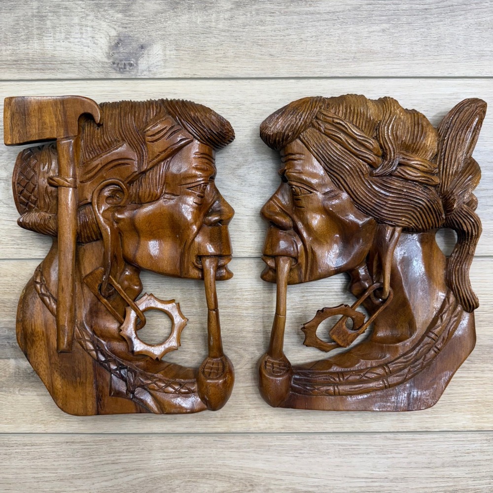 Vintage Pair Carved Wood Heads Smoking Pipe Wall Art Decor Tropical Tribal